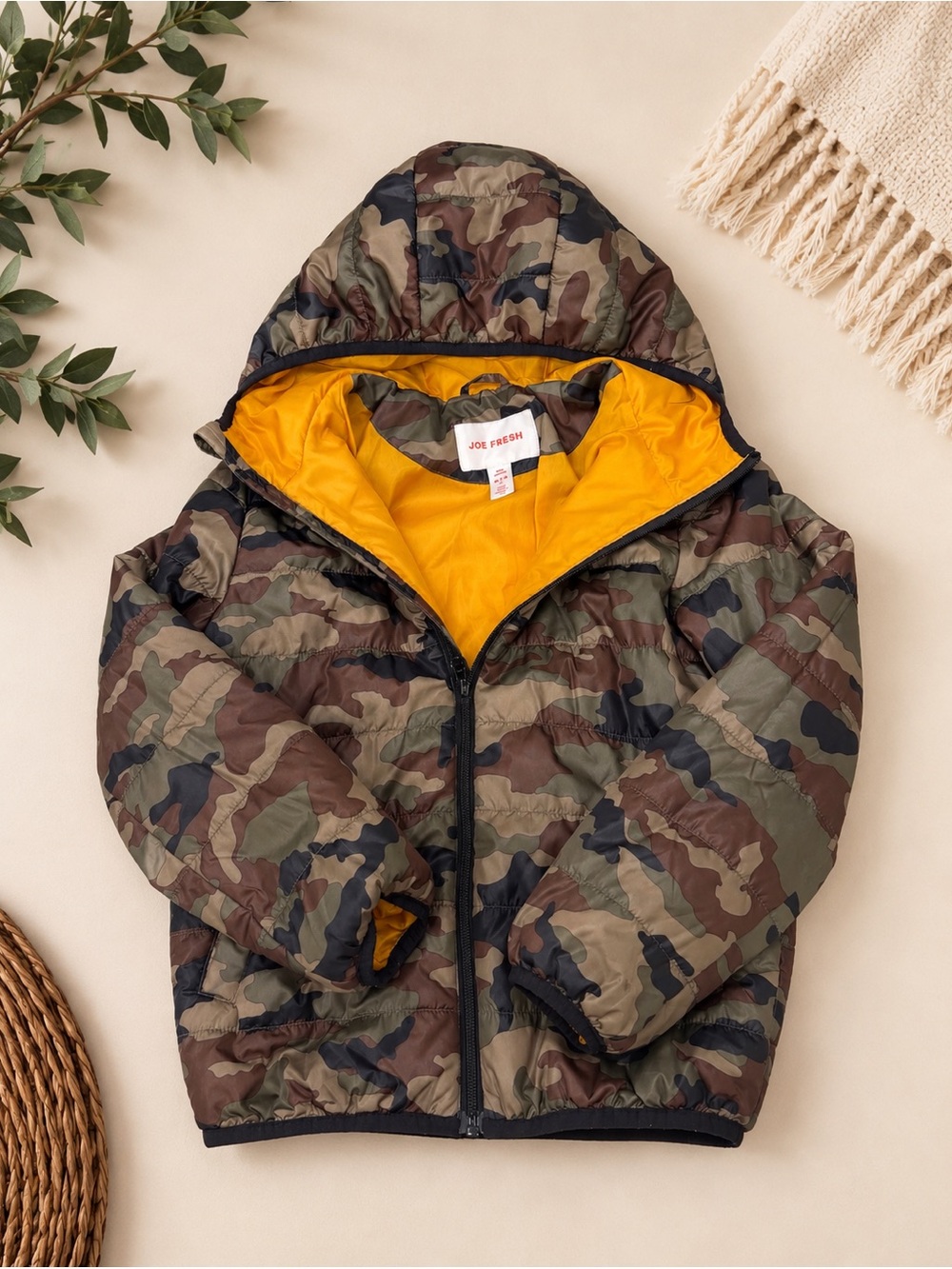 Joe Fresh Kids Camo Hooded Puffer Jacket – Size M 7/8 – Green/Brown